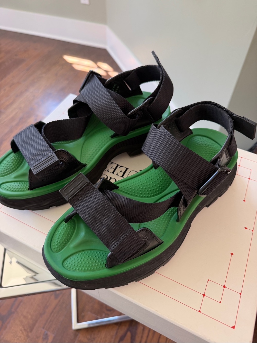 Alexander McQueen Black Strap Sandals with Green Footbed